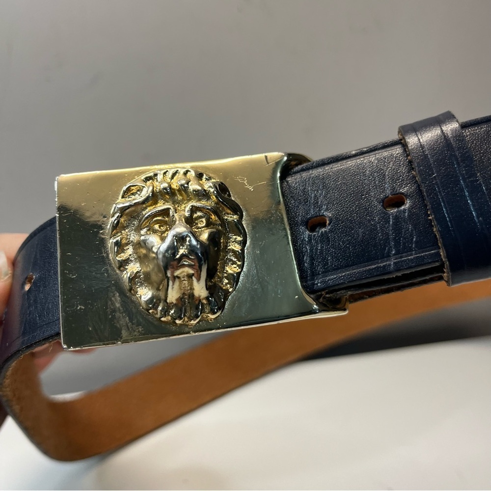 Vintage Navy Genuine English Bridle Leather Belt with Gold Lionhead Pin Buckle - Picture 2 of 11